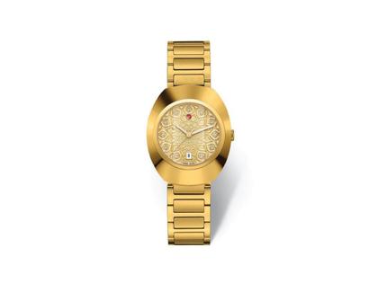 Damenuhren Uhr mit Datum aus Edelstahl, Keramik und PVD beschichtet. Das Gehäuse ist oval und gelbgold. Das Edelstahlarmband ist gelbgold. Das Zifferblatt ist ein Index in gelbgold.