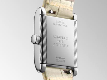 Longines DolceVita   Mini Quarz Edelstahl 22x29mm Brillantbesatz gelbes Zifferblatt gelbes Lederband – Damenuhren Uhr ohne Datum aus Edelstahl, Leder und vergoldet. Das Gehäuse ist rechteckig und silber. Das Lederarmband Kroko / Alligator ist gelb. Das Zifferblatt ist römisch und gelb. – Ansicht 4