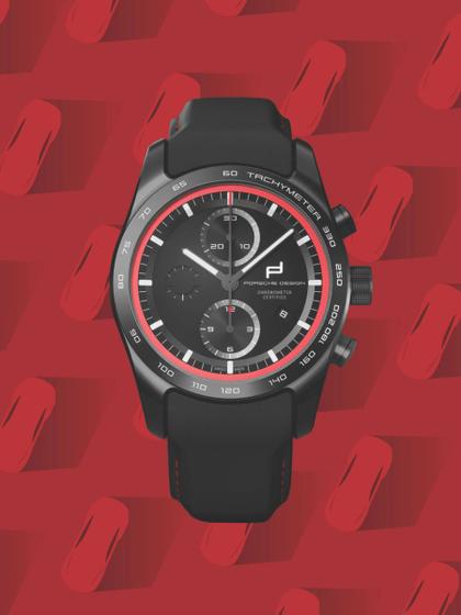 Porsche Design Custom Built Timepieces Watchmakers Choice "IndischRot" Chronograph Automatik Titan Schwarz 42mm schwarzes Zifferblatt schwarzes Lederband – Herrenuhren Chronograph aus Edelstahl, Leder, Titan und Titancarbid beschichtet. Das Gehäuse ist rund und schwarz. Das Lederarmband ist schwarz. Das Zifferblatt ist ein Index in schwarz. – Ansicht 5