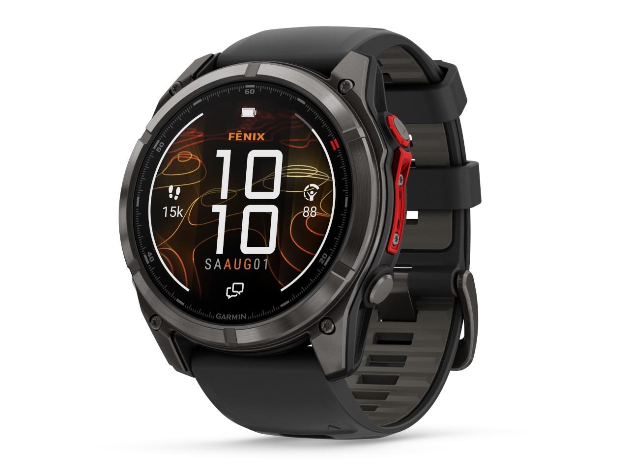 Garmin fenix 8 Pro 51mm MicroLED faserverstärktes Polymer Titan carbongrau beschichtet schwarzes Silikonband – Herrenuhren Uhr Multifunktion aus DLC beschichtet, Kautschuk und Titan. Das Gehäuse ist rund und schwarz. Das Kautschuk / Kunststoff / Silikon Armband ist schwarz. Das Zifferblatt ist digital und schwarz. – Ansicht 3