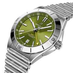 Breitling Chronomat Automatic GMT 40 Giannis Antetokounmpo Edelstahl grünes Zifferblatt Metallband Limited Edition – Herrenuhren Uhr mit Datum aus Edelstahl. Das Gehäuse ist rund und silber. Das Edelstahlarmband ist silber. Das Zifferblatt ist ein Index in grün. – Ansicht 2
