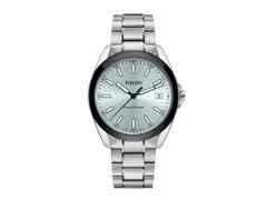 Rado HyperChrome Quarz Edelstahl 41,5mm blaues Zifferblatt Metallband – Herrenuhren Uhr mit Datum aus Edelstahl und Keramik. Das Gehäuse ist rund und silber. Das Edelstahlarmband ist silber. Das Zifferblatt ist ein Index in blau.