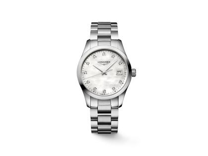 Longines Conquest Classic Quarz Edelstahl 34mm weißes Perlmutt-Zifferblatt mit Diamanten Metallband – Damenuhren Uhr mit Datum aus Edelstahl. Das Gehäuse ist rund und silber. Das Edelstahlarmband ist silber. Das Zifferblatt ist ein Index in weiß.