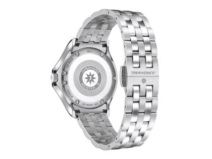 Junghans Meister S Quarz Edelstahl 35mm violettes Zifferblatt Metallband – Damenuhren Uhr mit Datum aus Edelstahl. Das Gehäuse ist rund und silber. Das Edelstahlarmband ist silber. Das Zifferblatt ist ein Index in lila. – Ansicht 2