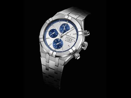 Maurice Lacroix Aikon Chronograph Automatik Edelstahl 44mm silbernes Zifferblatt Metallband – Herrenuhren Chronograph aus Edelstahl. Das Gehäuse ist rund und silber. Das Edelstahlarmband ist silber. Das Zifferblatt ist ein Index in silber. – Ansicht 2