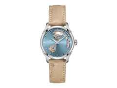 Hamilton Jazzmaster Open Heart Lady Automatik Edelstahl 36mm hellblaues Zifferblatt beiges Lederband – Damenuhren Uhr ohne Datum aus Edelstahl. Das Gehäuse ist rund und silber. Das Lederarmband ist beige. Das Zifferblatt ist ein Index in blau.