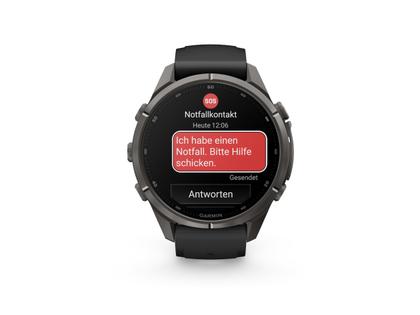 Garmin Fenix 9 Pro inReach Titan 43mm digitales Display schwarzes Silikonband – Herrenuhren Uhr Multifunktion aus Kautschuk und Titan. Das Gehäuse ist rund und schwarz. Das Kautschuk / Kunststoff / Silikon Armband ist schwarz. Das Zifferblatt ist digital und schwarz.