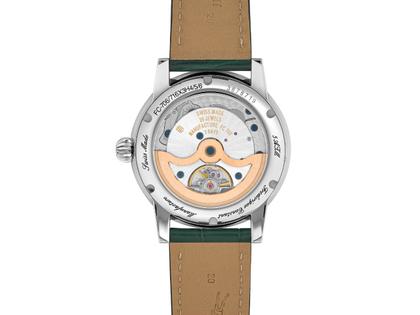 Frederique Constant Classic Moonphase Date Manufacture Automatik Edelstahl 40mm grünes Zifferblatt grünes Lederband – Herrenuhren Uhr mit Datum aus Edelstahl und Leder. Das Gehäuse ist rund und silber. Das Lederarmband Kroko / Alligator ist grün. Das Zifferblatt ist ein Index in grün. – Ansicht 3