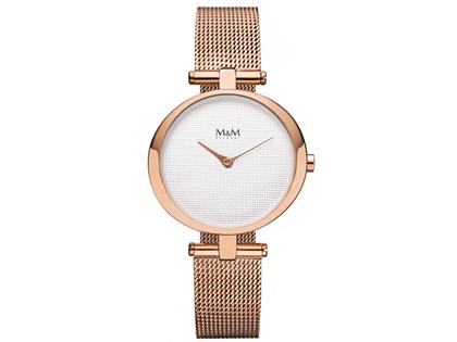 M&M Quarz Edelstahl RG-IP 34mm weißes Zifferblatt Metallband – Damenuhren Uhr ohne Datum aus Edelstahl und IP beschichtet. Das Gehäuse ist rund und rotgold. Das Edelstahlarmband ist rotgold. Das Zifferblatt ist ein Index in weiß.