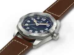 Hamilton Khaki Field Expedition Automatik Edelstahl 37mm dunkelblaues Zifferblatt braunes Lederband – Herrenuhren Uhr ohne Datum aus Edelstahl und Leder. Das Gehäuse ist rund und silber. Das Edelstahlarmband ist braun. Das Zifferblatt ist arabisch und blau. – Ansicht 3