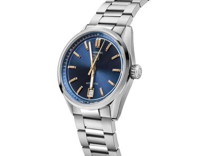 TAG Heuer Carrera Date Automatik Edelstahl 36mm blaues Zifferblatt Metallband – Damenuhren Uhr mit Datum aus Edelstahl. Das Gehäuse ist rund und silber. Das Edelstahlarmband ist silber. Das Zifferblatt ist ein Index in blau. – Ansicht 2