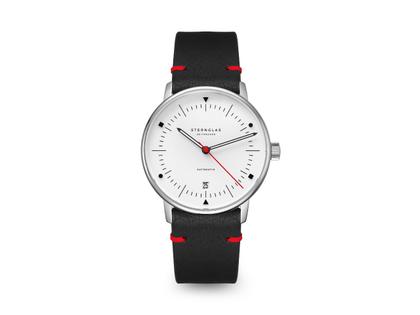 Sternglas Naos Edition Bauhaus X Rot Automatik Edelstahl 38mm beiges Zifferblatt schwarzes Lederband – Herrenuhren Uhr mit Datum aus Edelstahl. Das Gehäuse ist rund und silber. Das Lederarmband ist schwarz. Das Zifferblatt ist ein Index in beige.