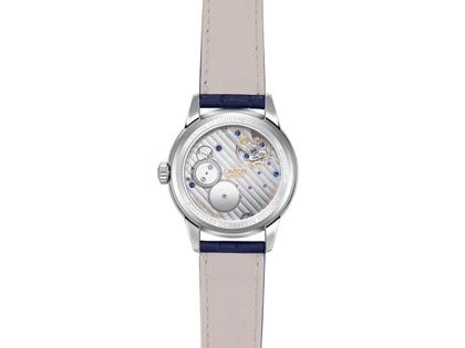 Union Glashütte 1893 Johannes Dürrstein Edition Gangreserve Handaufzug Edelstahl 41mm graues Zifferblatt blaues Lederband – Herrenuhren Uhr mit Datum aus Edelstahl und Leder. Das Gehäuse ist rund und silber. Das Lederarmband ist blau. Das Zifferblatt ist arabisch und grau. – Ansicht 7