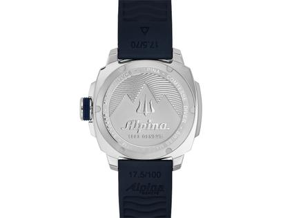 Alpina Seastrong Diver Comtesse Quarz Edelstahl 34mm blaues Zifferblatt blaues Kautschukband – Damenuhren Uhr mit Datum aus Edelstahl und Kautschuk. Das Gehäuse ist rund und silber. Das Kautschuk / Kunststoff / Silikon Armband ist blau. Das Zifferblatt ist ein Index in blau. – Ansicht 2