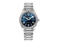 Glashütte Original SeaQ Automatik Edelstahl 40mm blaues Zifferblatt mit Brillanten Metallband – Damenuhren Uhr mit Datum aus Edelstahl und Keramik. Das Gehäuse ist rund und silber. Das Edelstahlarmband ist silber. Das Zifferblatt ist arabisch Index und blau.