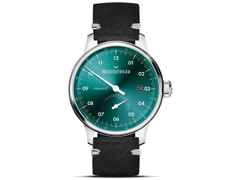 MeisterSinger Primatic Petrolgrün – Herrenuhren Uhr mit Datum aus Edelstahl und Leder. Das Gehäuse ist rund und silber. Das Lederarmband ist schwarz. Das Zifferblatt ist arabisch und grün.