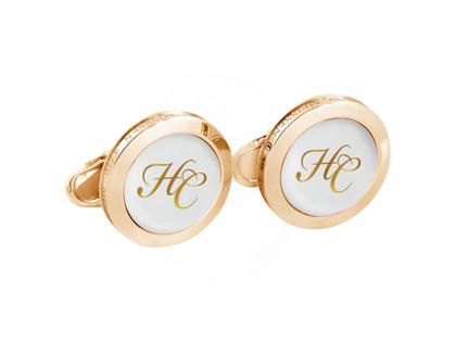 Meissen Manschettenknöpfe rund "Monogramm in Gold" Silber gelbvergoldet mit weißem Meissener Porzellan – Herrenschmuck Manschettenknöpfe in gelbgold und aus 925 Silber vergoldet und Porzellan.