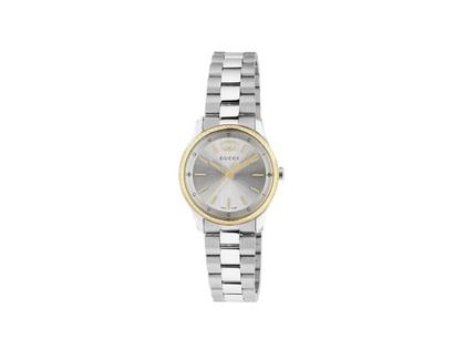 Gucci G-Timeless Quarz Edelstahl 29mm silbernes Zifferblatt mit Diamant-Lünette Metallband YA1265072 – Damenuhren Uhr ohne Datum aus Edelstahl und PVD beschichtet. Das Gehäuse ist rund und silber-gelbgold. Das Edelstahlarmband ist silber. Das Zifferblatt ist ein Index in silber.