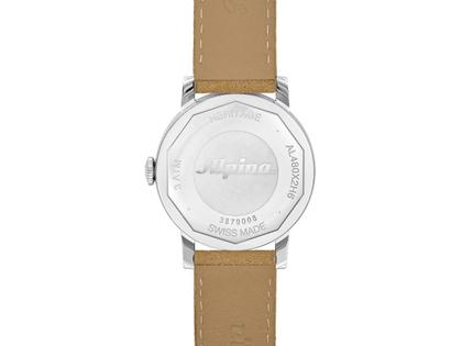 Alpina Heritage Tropic-Proof Handaufzug Edelstahl 34mm schwarzes Zifferblatt braunes Lederband – Herrenuhren Uhr ohne Datum aus Edelstahl und Leder. Das Gehäuse ist rund und silber. Das Lederarmband ist braun. Das Zifferblatt ist ein Index in schwarz. – Ansicht 3