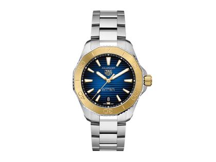 TAG Heuer Aquaracer Professional 200 Date Automatik Edelstahl 40mm blaues Zifferblatt Metallband – Herrenuhren Uhr mit Datum aus 750 Gelbgold und Edelstahl. Das Gehäuse ist rund und silber. Das Edelstahlarmband ist silber. Das Zifferblatt ist ein Index in blau.