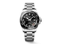 Longines HydroConquest GMT Automatik Edelstahl 41mm schwarzes Zifferblatt Metallband – Herrenuhren Uhr mit Datum aus Edelstahl und Keramik. Das Gehäuse ist rund und silber. Das Edelstahlarmband ist silber. Das Zifferblatt ist ein Index in schwarz.