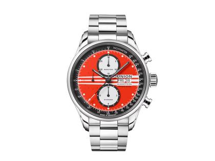 Union Glashütte Viro Chronograph Silvretta Classic 2023 Limited Edition rot-schwarzes Zifferblatt schwarzes Lederband – Herrenuhren Chronograph aus Edelstahl. Das Gehäuse ist rund und silber. Das Lederarmband ist schwarz. Das Zifferblatt ist ein Index in rot. – Ansicht 2