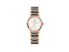 Rado Centrix Diamonds Automatik Edelstahl Roségold-PVD 30,5mm weißes Zifferblatt Metallband – Damenuhren Uhr mit Datum aus Edelstahl, Keramik und PVD beschichtet. Das Gehäuse ist rund und roségold. Das Keramikarmband ist grau. Das Zifferblatt ist ein Index in weiß.