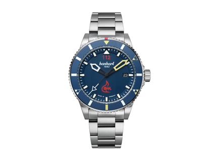 Hanhart Thermosphere Limited Edition Automatik Edelstahl 42mm blaues Zifferblatt Metallband – Herrenuhren Uhr mit Datum aus Edelstahl und Keramik. Das Gehäuse ist rund und silber. Das Edelstahlarmband ist silber. Das Zifferblatt ist arabisch Index und blau.