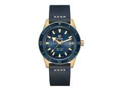 Rado Captain Cook Bronze blau Lederband – Herrenuhren Uhr mit Datum aus Bronze und Keramik. Das Gehäuse ist rund und roségold. Das Lederarmband ist blau. Das Zifferblatt ist ein Index in blau.