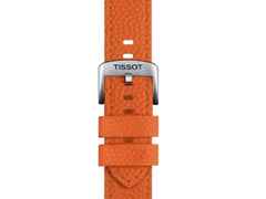 Tissot Seastar Wilson WNBA Automatik Edelstahl 40mm schwarzes Zifferblatt orangefarbenes Lederband – Herrenuhren Uhr mit Datum aus Edelstahl. Das Gehäuse ist rund und silber. Das Lederarmband ist orange. Das Zifferblatt ist ein Index in schwarz. – Ansicht 6