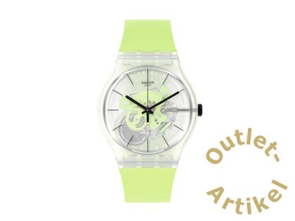 Swatch "Green Daze" Quarz Kunststoff 41mm transparentes Zifferblatt grünes Silikonband – Herrenuhren Uhr ohne Datum aus Kunststoff. Das Gehäuse ist rund und transparent. Das Kautschuk / Kunststoff / Silikon Armband ist grün. Das Zifferblatt ist ein Index in transparent.