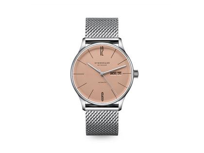 Sternglas Berlin Automatik Edelstahl 38mm beiges Zifferblatt Metallband – Herrenuhren Uhr mit Datum aus Edelstahl und Leder. Das Gehäuse ist rund und silber. Das Edelstahlarmband ist silber. Das Zifferblatt ist ein Index in beige.