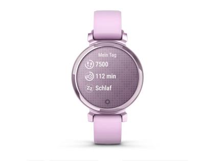 Garmin Lily 2 Smartwatch Aluminium eloxiert 35mm fliederfarbenes Display fliederfarbenes Silikonband – Damenuhren Uhr Multifunktion aus eloxiertes Aluminium, Kunststoff und Polyamid. Das Gehäuse ist rund und lila. Das Kautschuk / Kunststoff / Silikon Armband ist lila. Das Zifferblatt ist digital und lila. – Ansicht 2