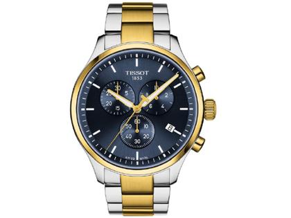 Tissot Chrono XL Classic Quarz Edelstahl gelbgold blaues Zifferblatt Edelstahlband bicolor – Herrenuhren Chronograph aus Edelstahl und PVD beschichtet. Das Gehäuse ist rund und silber-gelbgold. Das Edelstahlarmband ist silber-gelbgold. Das Zifferblatt ist ein Index in blau.