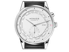 Nomos Glashütte Zürich Weltzeit Automatik Edelstahl 40mm weißes Zifferblatt schwarzes Lederband – Herrenuhren Uhr ohne Datum aus Edelstahl und Leder. Das Gehäuse ist rund und silber. Das Lederarmband ist schwarz. Das Zifferblatt ist ein Index in weiß. – Ansicht 3