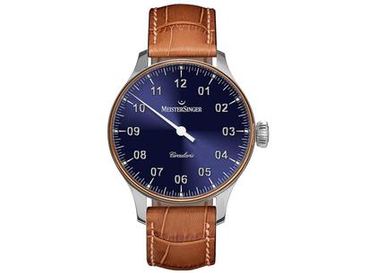 MeisterSinger Circularis Handaufzug blau Goldlünette – Herrenuhren Uhr ohne Datum aus 750 Rotgold und Edelstahl. Das Gehäuse ist rund und silber. Das Lederarmband Kroko / Alligator ist braun. Das Zifferblatt ist arabisch und blau.