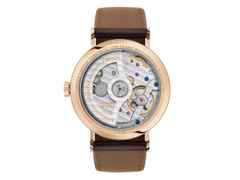 Nomos Glashütte Tangente Roségold neomatik 175 Years of Watchmaking Glashütte Automatik 35mm weißes Zifferblatt braunes Lederband – Damenuhren Uhr ohne Datum aus 750 Rotgold. Das Gehäuse ist rund und roségold. Das Lederarmband ist braun. Das Zifferblatt ist arabisch Index und silber. – Ansicht 7