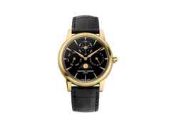 Frederique Constant Classic Perpetual Calendar Manufacture Automatik Gelbgold 40mm schwarzes Onyx Zifferblatt Lederband – Herrenuhren Uhr mit Kalender aus 750 Rotgold. Das Gehäuse ist rund und gelbgold. Das Lederarmband Kroko / Alligator ist schwarz. Das Zifferblatt ist ein Index in schwarz.