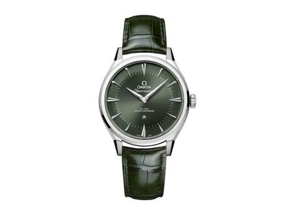 Herrenuhren Uhr ohne Datum aus 750 Weißgold, Edelstahl und Leder. Das Gehäuse ist rund und silber. Das Lederarmband Kroko / Alligator ist grün. Das Zifferblatt ist ein Index in grün.