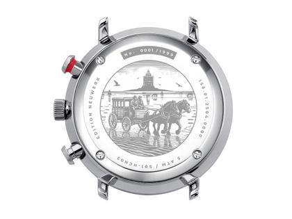 Sternglas Hamburg Chrono Edition Neuwerk Quarz Edelstahl 42mm graues Zifferblatt schwarzes Lederband – Herrenuhren Chronograph aus Edelstahl. Das Gehäuse ist rund und silber. Das Lederarmband ist schwarz. Das Zifferblatt ist arabisch Index und anthrazit. – Ansicht 5