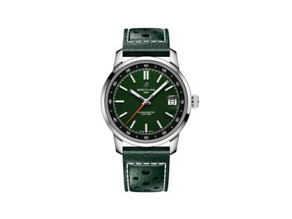Breitling Top Time B31 Automatik Edelstahl 38mm grünes Zifferblatt grünes Lederband – Herrenuhren Uhr mit Datum aus Edelstahl und Leder. Das Gehäuse ist rund und silber. Das Lederarmband ist grün. Das Zifferblatt ist ein Index in grün.