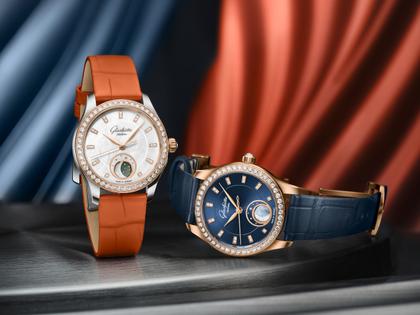 Glashütte Original Lady Serenade Luna Automatik Edelstahl 32,5mm weißes Zifferblatt oranges Lederband – Damenuhren Uhr ohne Datum aus 750 Rotgold, Edelstahl und Leder. Das Gehäuse ist rund und silber. Das Lederarmband Kroko / Alligator ist orange. Das Zifferblatt ist ein Index in weiß. – Ansicht 7