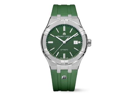 Maurice Lacroix Aikon Automatik Edelstahl 42mm grünes Zifferblatt grünes Kautschukband – Herrenuhren Uhr mit Datum aus Edelstahl und Kautschuk. Das Gehäuse ist rund und silber. Das Kautschuk / Kunststoff / Silikon Armband ist grün. Das Zifferblatt ist ein Index in grün.