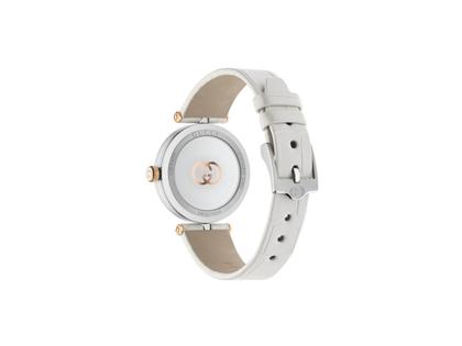 Gucci Model 2000 Quarz Edelstahl 30mm silberfarbenes Zifferblatt mit Diamanten weißes Lederband YA167509 – Damenuhren Uhr ohne Datum aus 750 Rotgold, Edelharz, Edelstahl und vergoldet. Das Gehäuse ist rund und silber. Das Lederarmband ist weiß. Das Zifferblatt ist römisch Index und silber. – Ansicht 2