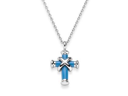 Leo Wittwer Crosses Anhänger  Mini Weißgold mit Kaltemaille hellblau, mit Kette – Halsschmuck Kette mit Anhänger in blau und aus 750 Weißgold.