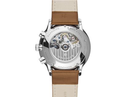 Junghans Meister Chronoscope Automatik Edelstahl 40mm blaues Zifferblatt braunes Lederband – Herrenuhren Chronograph aus Edelstahl. Das Gehäuse ist rund und silber. Das Lederarmband ist braun. Das Zifferblatt ist ein Index in blau. – Ansicht 3