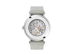 Nomos Glashütte Tangente 38 Datum "175 Years Watchmaking - Pompadour" Handaufzug Edelstahl rosa Zifferblatt graues Textilband Glasboden – Herrenuhren Uhr mit Datum aus Edelstahl. Das Gehäuse ist rund und silber. Das Textilarmband ist grau. Das Zifferblatt ist arabisch Index und rosa. – Ansicht 2