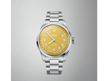 Oris Big Crown Pointer Date Automatik Edelstahl 40mm gelbes Zifferblatt Metallband – Herrenuhren Uhr mit Datum aus Edelstahl. Das Gehäuse ist rund und silber. Das Edelstahlarmband ist silber. Das Zifferblatt ist arabisch und gelb. – Ansicht 6