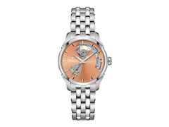 Hamilton Jazzmaster Open Heart Lady Automatik Edelstahl 36mm apricotfarbenes Zifferblatt Metalband – Damenuhren Uhr ohne Datum aus Edelstahl. Das Gehäuse ist rund und silber. Das Edelstahlarmband ist silber. Das Zifferblatt ist ein Index in orange.
