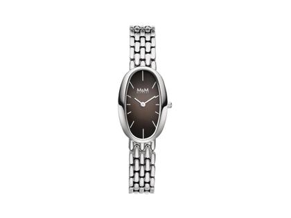 M&M Ring-O Retro Quarz Edelstahl 34x22mm graues Zifferblatt Metallband – Damenuhren Uhr ohne Datum aus Edelstahl. Das Gehäuse ist oval und silber. Das Edelstahlarmband ist silber. Das Zifferblatt ist ein Index in anthrazit.